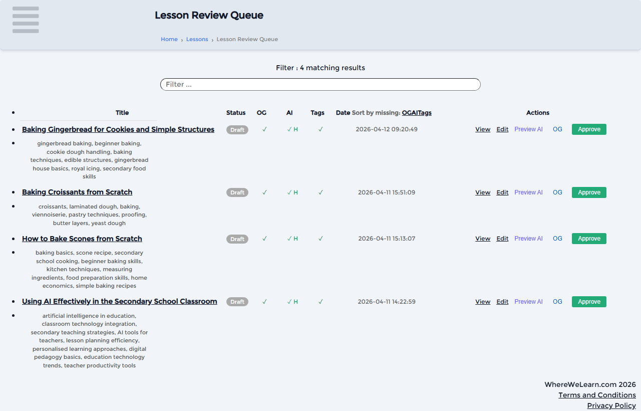 AI lesson review queue with enrichment status and confidence scores
