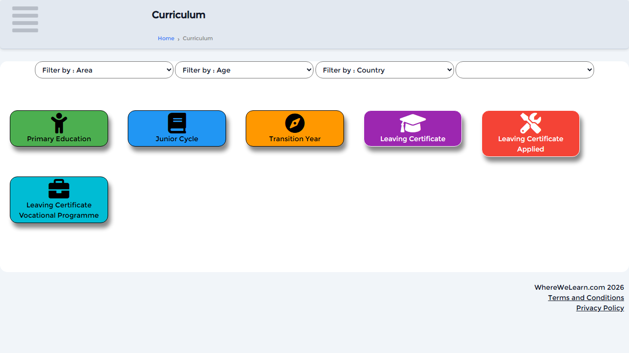 Curriculum browser with coloured subject cards